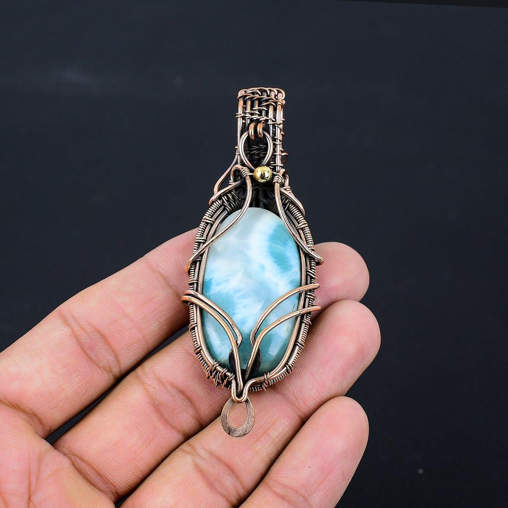 Larimar-Edelstein, reiner Kupferdraht, umwickelt, handgefertigter Anhänger-Schmuck für Frauen