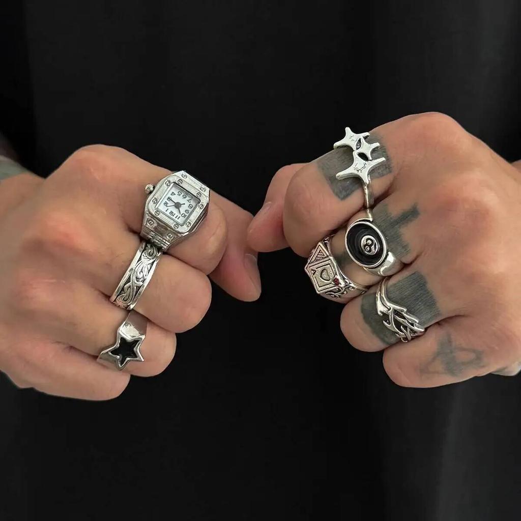 IngeSight.Z HipHop Punk Creative Silver Color Pentagram Poker Finger Rings Men Goth Irregular Stack Ring Trend Jewelry Accessory
