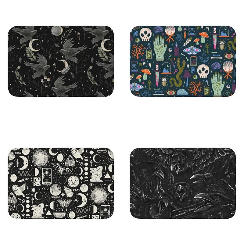 Crow Moon Door Mat Anti-Slip Kitchen Bathroom Halloween Spooky Witch Garage Floor Entrance Rug