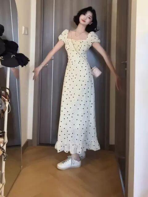 French square neck bubble sleeve dress women's summer new gentle temperament coffee break dress waist and thin long dress