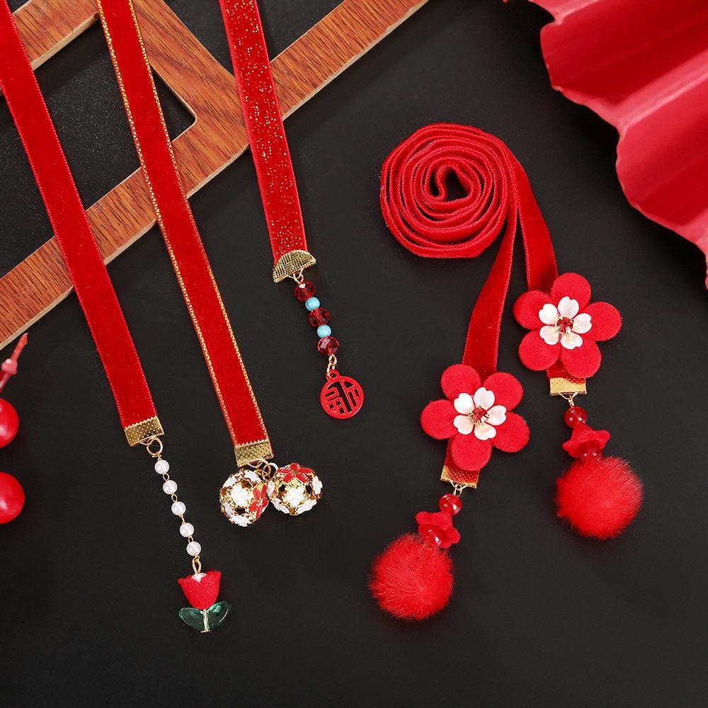 Tassel Satin Red Long Headband Bell Chinese Long Hairband New Year Hair Rope  Winter