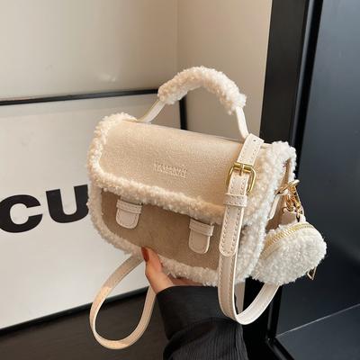 Zimní nová dámská plyšová malá čtvercová kabelka, barevný kontrastní design, jedno rameno, crossbody, hnědá kabelka