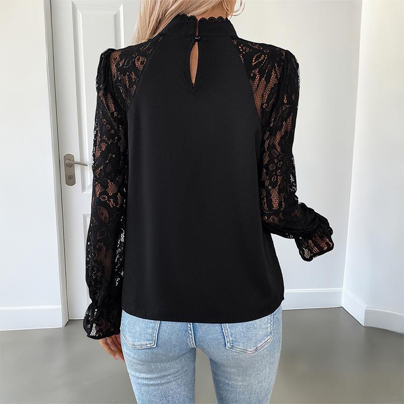 2025 New Autumn Versatile Sexy and Elegant Half Turtle Neck Solid Color Lace Long-sleeved Women's Shirt