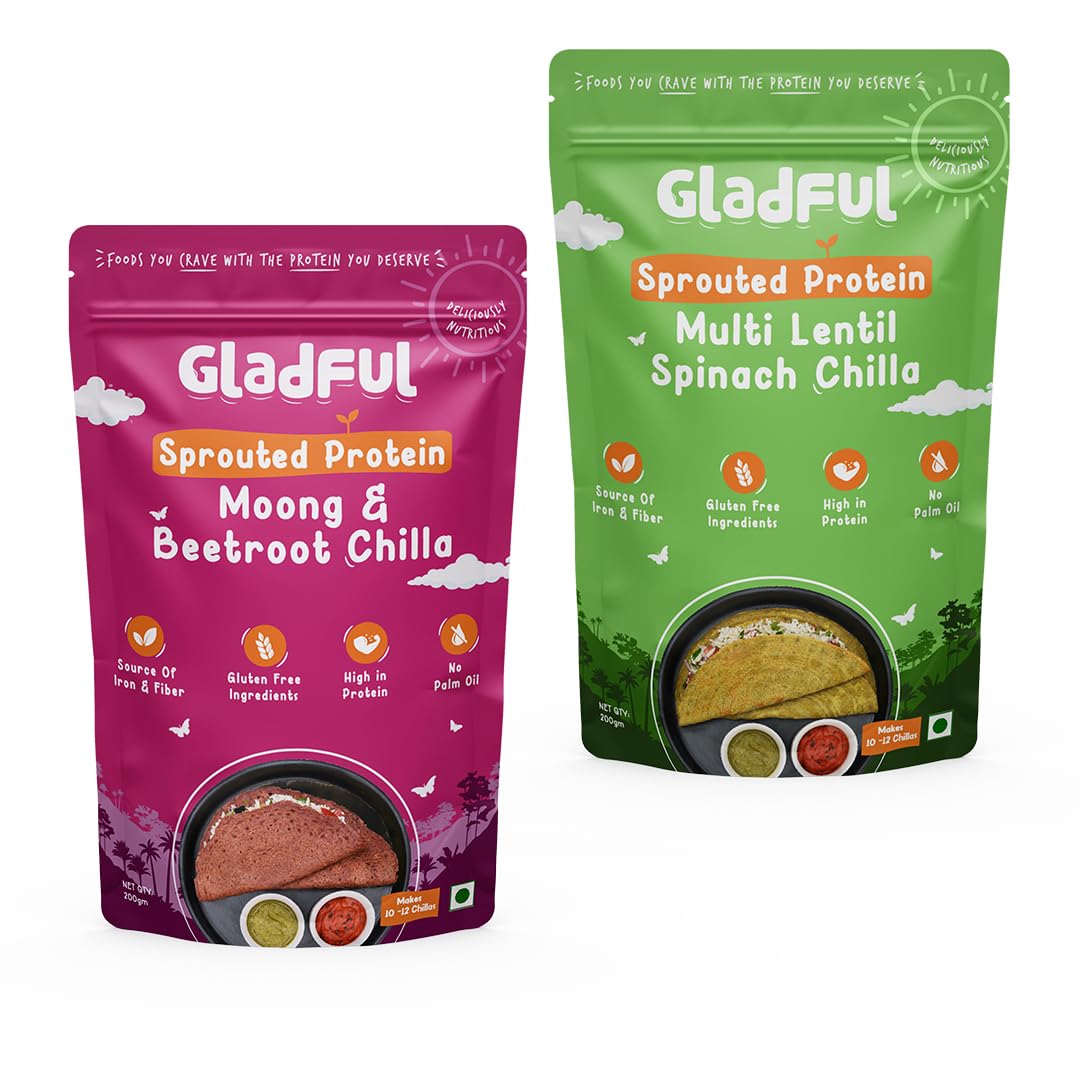 

Gladful Sprouted Lentils & Millets Instant Chilla Dosa Mix, Natural Healthy Protein & Fiber-Rich Breakfast No Maida, No Palm Oil, Low GI, H