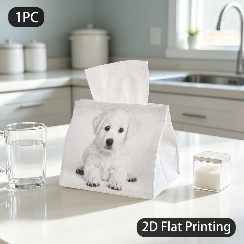 1pc Tissue Box, Minimalist Style White Puppy Cute Charming Pattern, 2D Flat Printing, Lightweight, Folds Flat, Tissue Pouch, for Dining Table, 2D Flat