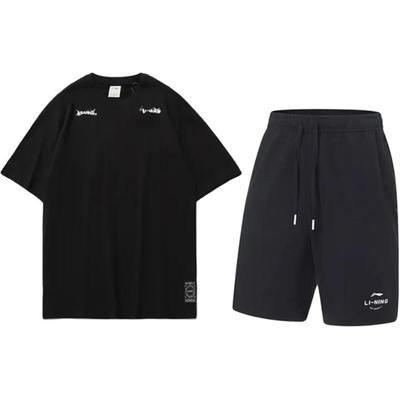 Li-Ning Dyed Letter Logo Print Fashion Trendy Versatile Round Neck Pullover Short Sleeve Mid Waist Tied Shorts Casual Sports Suit YHSU189-1+AKST543-3