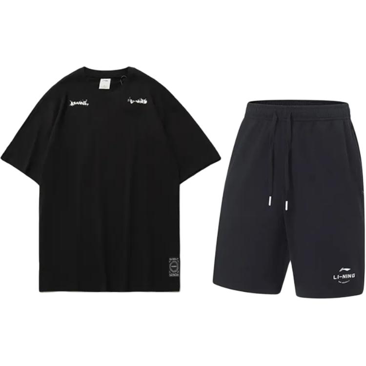 

Li-Ning Модный трендовый универсальный пуловер с круглым вырезом и принтом логотипа из окрашенных букв, шорты с завязками на средней посадке, с короткими рукавами, повседневный спортивный костюм YHSU189-1+AKST543-3 3XL