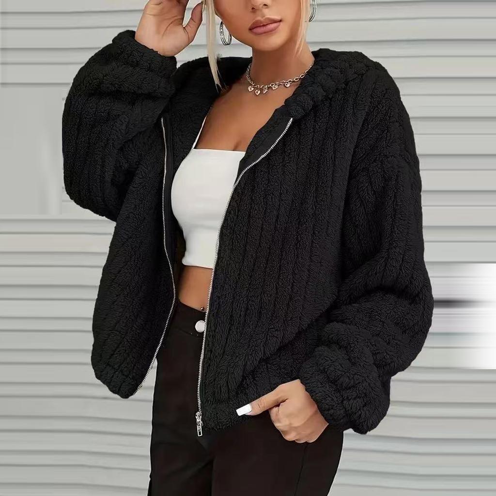 Damenmode Einfarbiger Cardigan mit Reißverschluss und Kapuzen-Fleecejacke mit Katzenohren