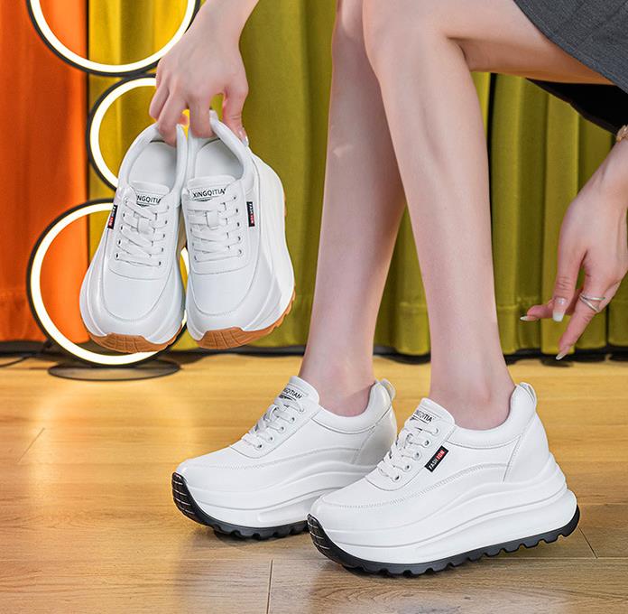 8CM Heel Sneakers Genuine Leather White Platform Sneakers for Women Chunky Platform Women New Sneaker Shoes Wedge Heel