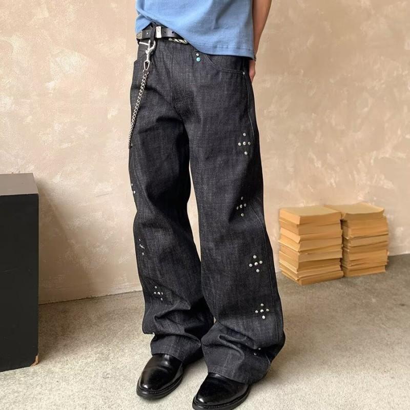 Studded Denim Pants Men Women Loose Wide Leg Straight Cut Casual Jeans