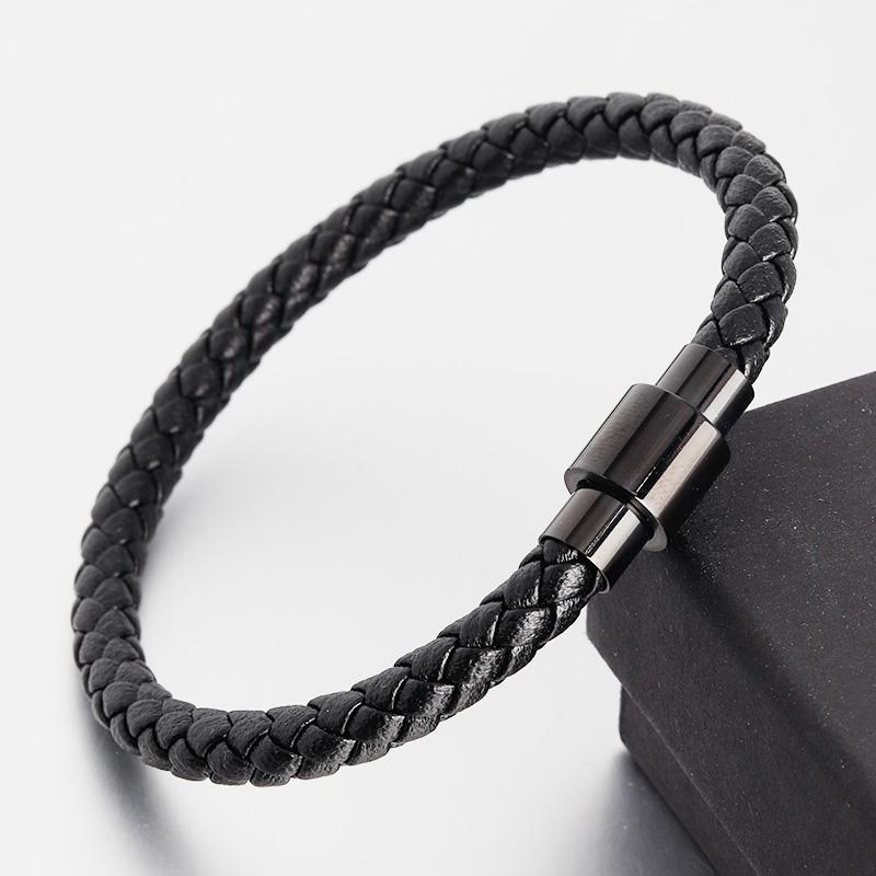 Sporty Style Geometric Stainless Steel Magnetic Clasps Genuine Leather Bracelet For Men Women Hand Jewelry Birthday Gift