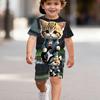 2-piece Boys' shorts+T-shirt Set - Daily Comfort Style, Cartoon Pattern 3D Guitar Cat Print Round Neck Short Sleeved and Shorts Summer Set