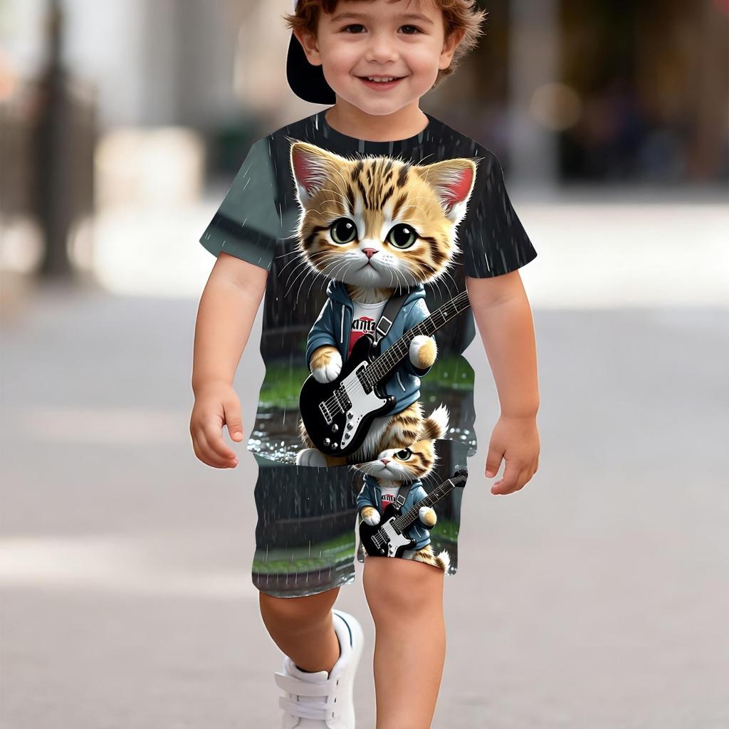 2-piece boys' shorts+T-shirt set - daily comfort style, cartoon pattern 3D guitar cat print round neck short sleeved and shorts summer set