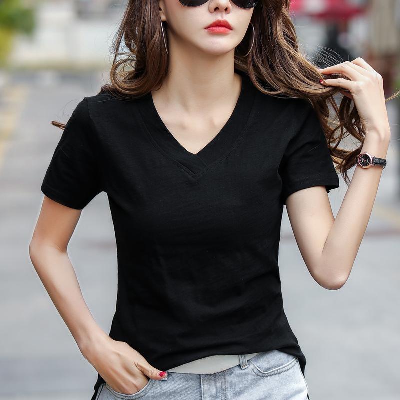 Front Short Back Long Tops Loose Slimming Loose V Neck Mix Cotton Short Sleeved T-shirt Women's Top T-Shirts Women’s