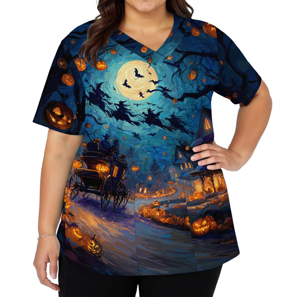 Women's V-Neck Short Sleeve Scrub Top with Pockets - Halloween Print Caregiver Work Shirt for , , and Uniform