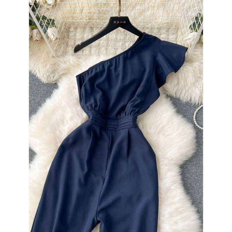 Travel Holiday Style Diagonal Collar Strapless High Waist Jumpsuit