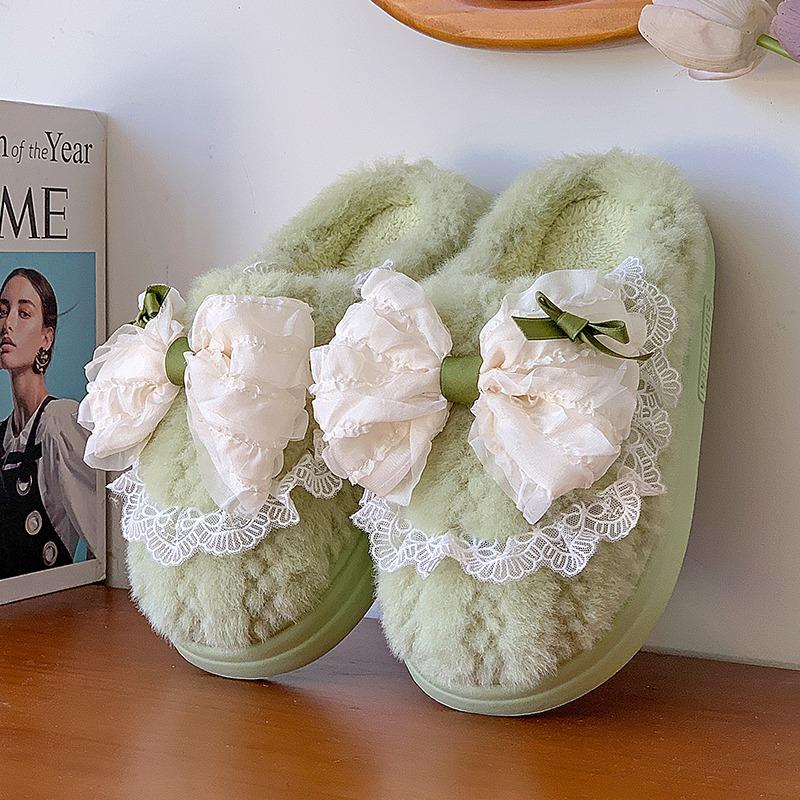 Thick-bottomed Cotton Slippers Women's Autumn and Winter Outdoor Wear Indoor Home Cute Girl Heart Bow Plush Slippers Women's Winter