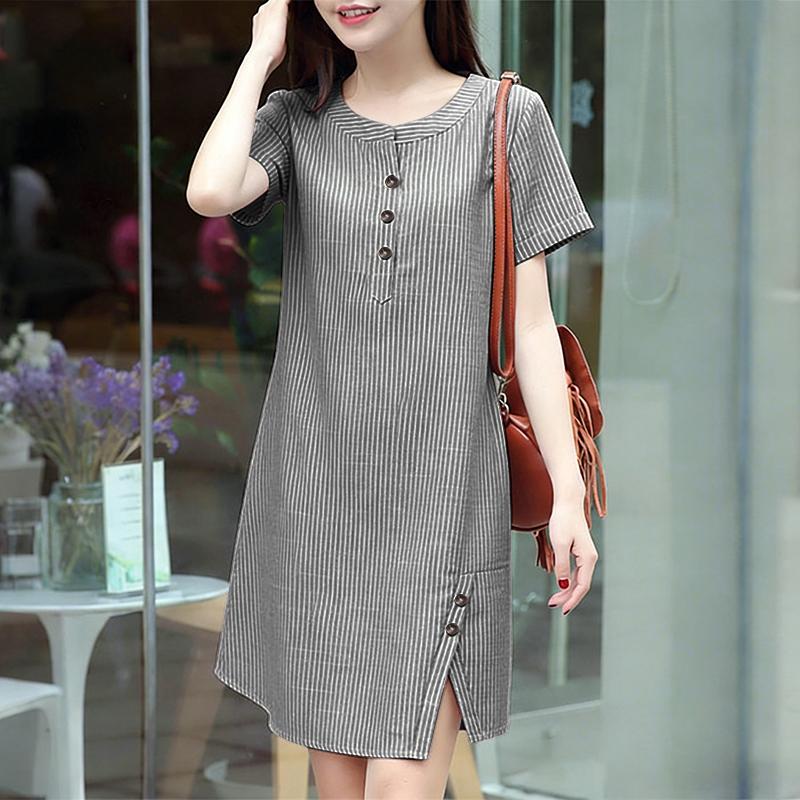ZANZEA Vestido casual de verano para mujer con cuello redondo, manga corta y rayas