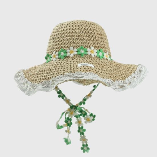 Straw Hat Wide Brim Embroidery Lace Splicing Beach Hat Embroidered Floral Adjustable Chin Strap Summer Sun Protection Hat