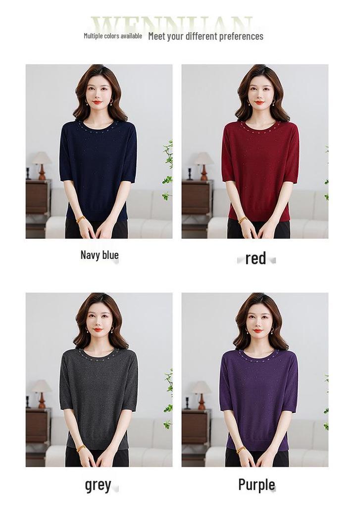 Spring & Autumn Knit Loose 3/4 Sleeve T-shirt for Women - Ice Silk, Stylish Large Size Base Layer