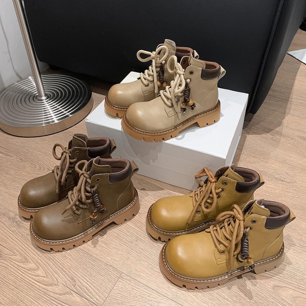 Cowhide Version~ Leather Thick-soled Short Martin Boots for Women's 2025 Autumn and Winter New Versatile Fashion Lace-up High-top Short Boots