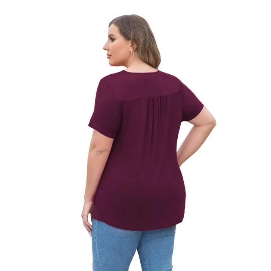 Short Sleeve Lace Hallow Out Patchwork Pleated A Line Casual T Shirt for Summer Women Plus Size Top