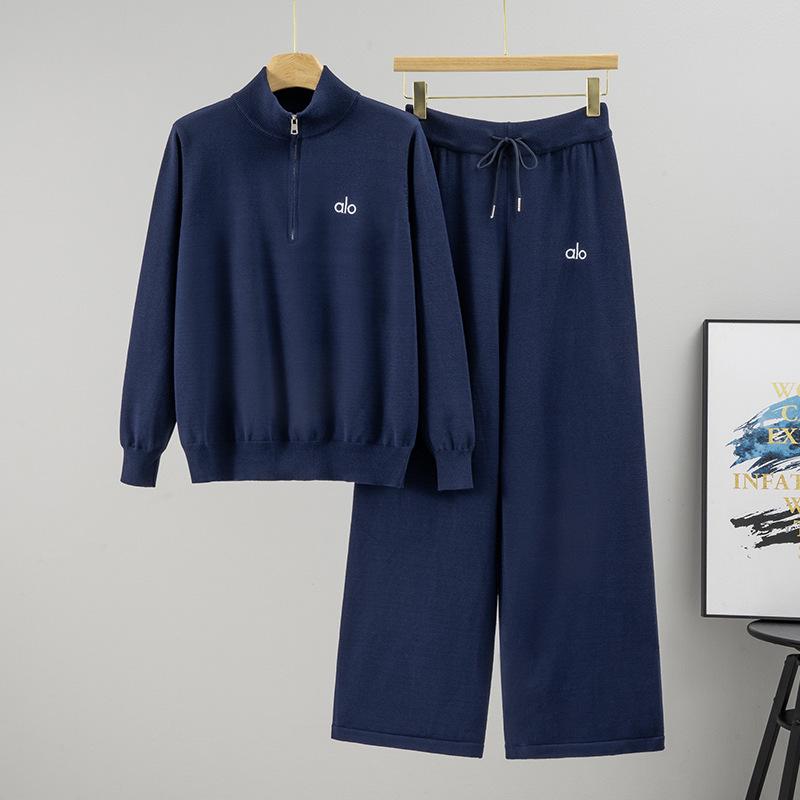 

Women s Versatile Stand-Up Collar Knit Sportswear Set - Elegant Half-Zip Top & Wide-Leg Pants One Size темно-синий