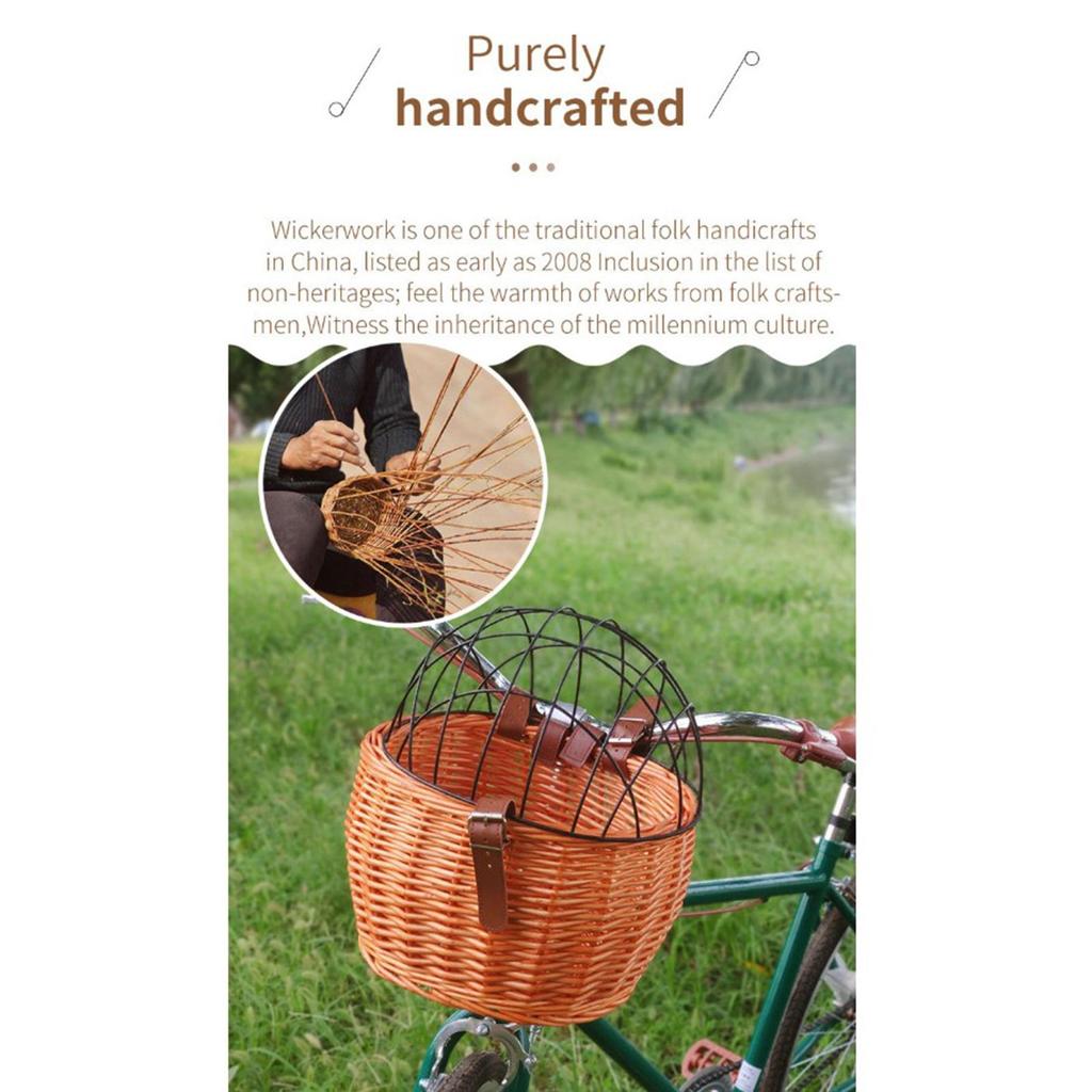 Wicker Bike Basket for Small Dogs Cats Pet Carrier Front Basket with Wire Mesh Cover