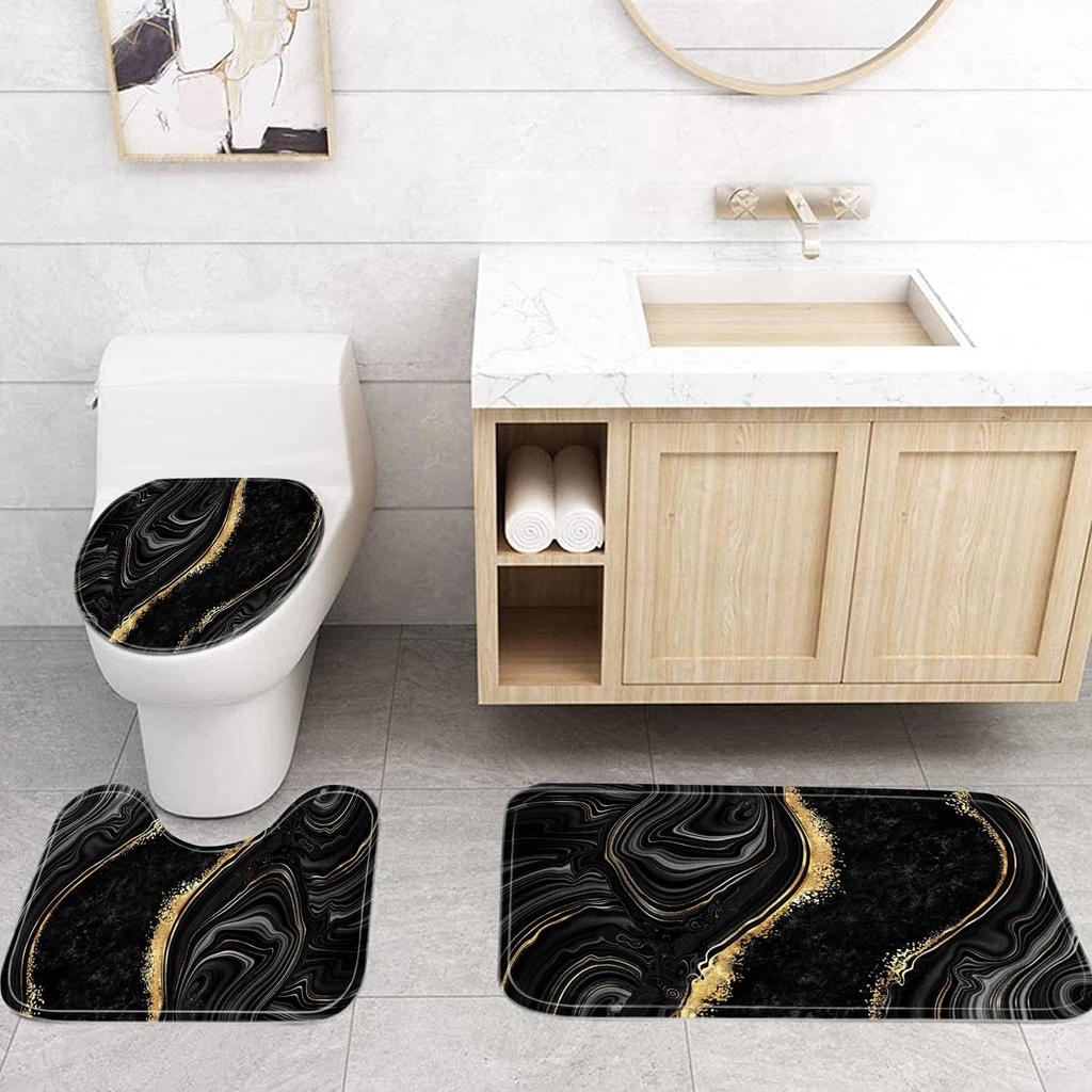 4Pcs Black Marble Shower Curtain Sets with Rugs Gold Bathroom Sets with Shower Curtain and Toilet Lid Cover Modern Bathroom Deco