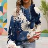 Kadın Plus Beden Amerikan Bayrağı Kartal Baskılı Uzun Kollu İpli Kapüşonlu Sweatshirt Kanguru Cepli