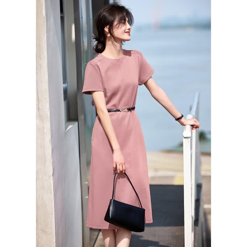 XWI Women s Summer Round Neck Short Sleeve Belted A-Line Dress
