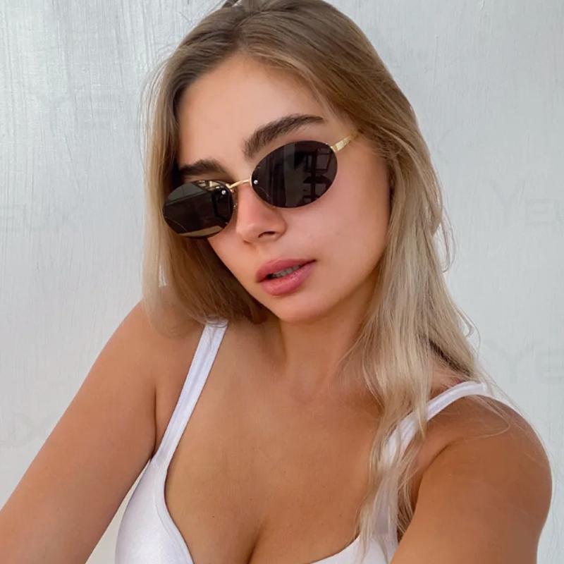3pcs Trend Rimless Oval Sunglasses Women Rivet Small Thin Frame Frameless Luxury Metal Shades Brand Design Sun Glasses UV400