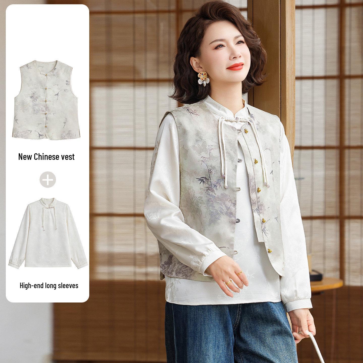 

Mother s Day Chinese Style Floral Two-Piece Set for Middle-Aged Moms. 5XL [Recommended 150-165 jin]