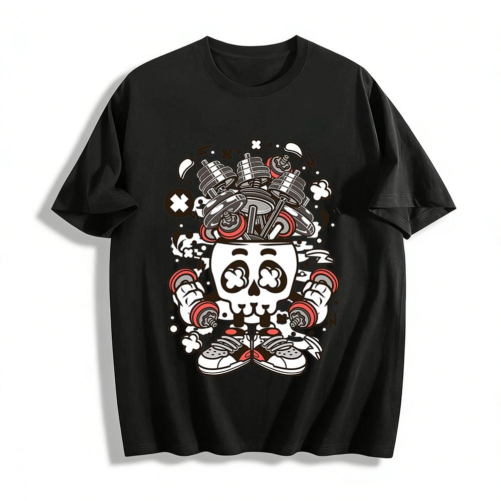 Skull Lifting Weights Graphic Tee Trendy Gym Casual Unisex Top Pure cotton T-shirt XXS