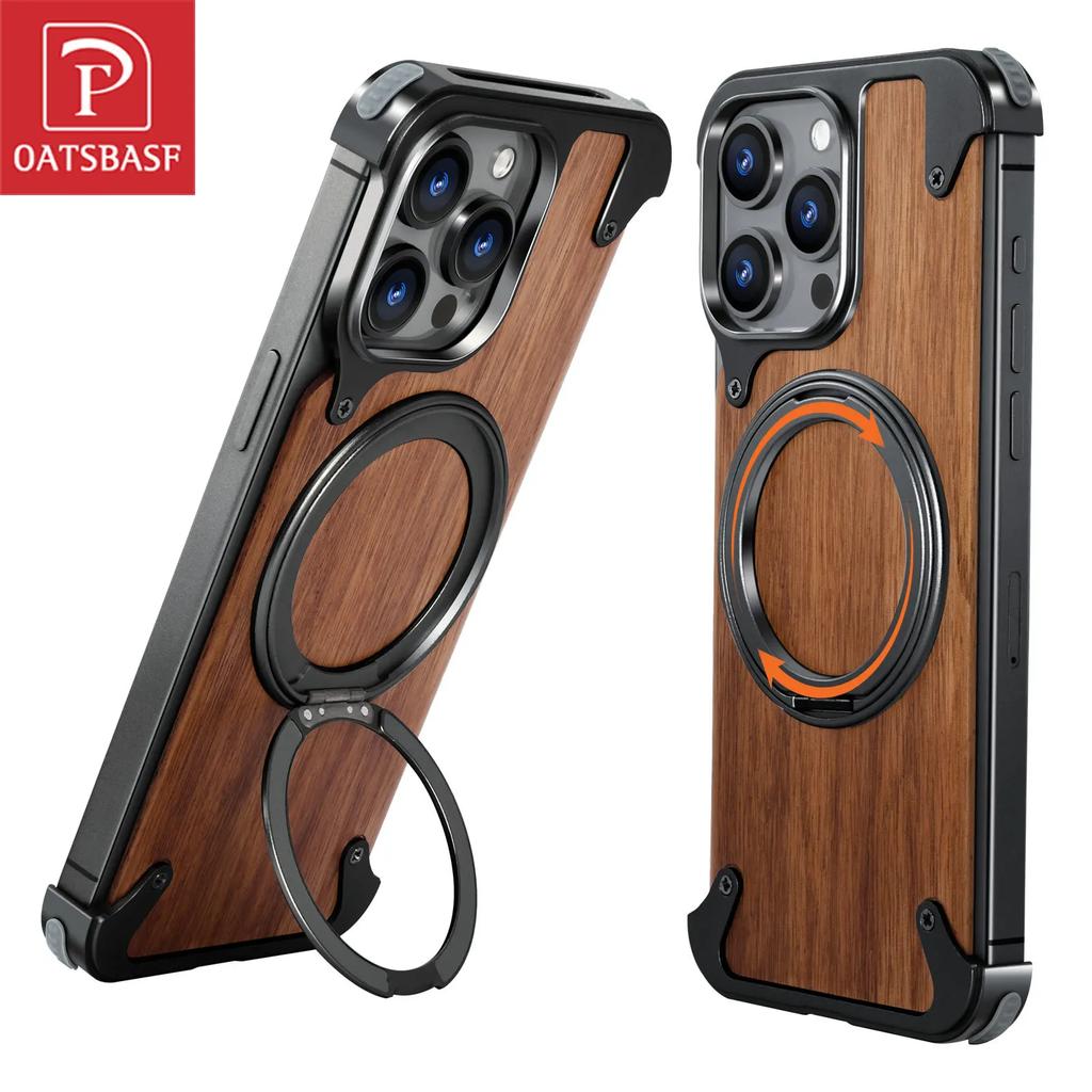 Oatsbasf Magnetic Phone Case for iPhone 16 Pro/16 Pro Max with 360°Rotatable Stand Wooden Protective Cover Wireless Charging
