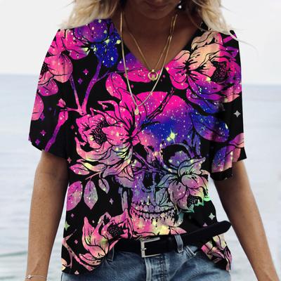 3D Skull Print Women's Summer New V-neck Top Short Sleeve T-shirt Casual Funny Horror Harajuku Versatile Y2K Clothing XS-6XL