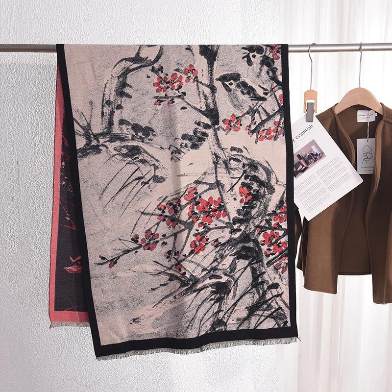 Beige Wintersweet Floral Print Scarf for Women - INS Style, Literary, Imitation Cashmere, Warm Shawl for Autumn and Winter