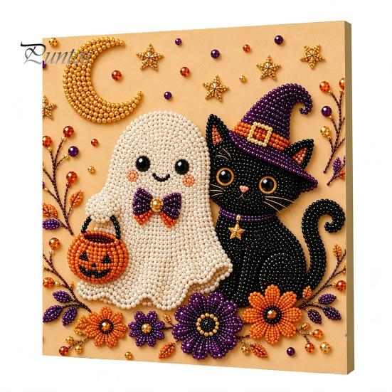 Ghost Pumpkin Art Craft Halloween Faux Pearl Kit, 3D Painting DIY Spooky Gem for Beginners Cute Set Adults, Autumn Home Wall Decor Crafting