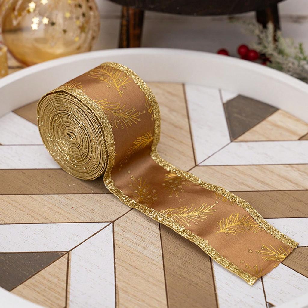 1Pc 5M Christmas Ribbon with Iron Wire Glitter Gold Leaf Printed Christmas Decoration DIY Craft Bow Gift Packing Party Decor