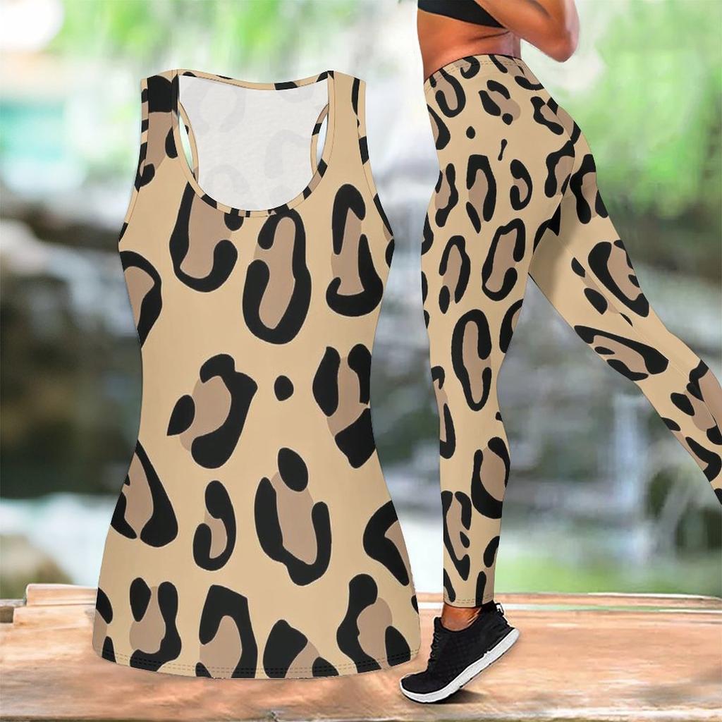 Kadınlar İçin Leopar Desenli Yoga Kıyafeti Moda Egzersiz Taytları Fitness Spor Gündelik Yoga Seti Spor Takımı
