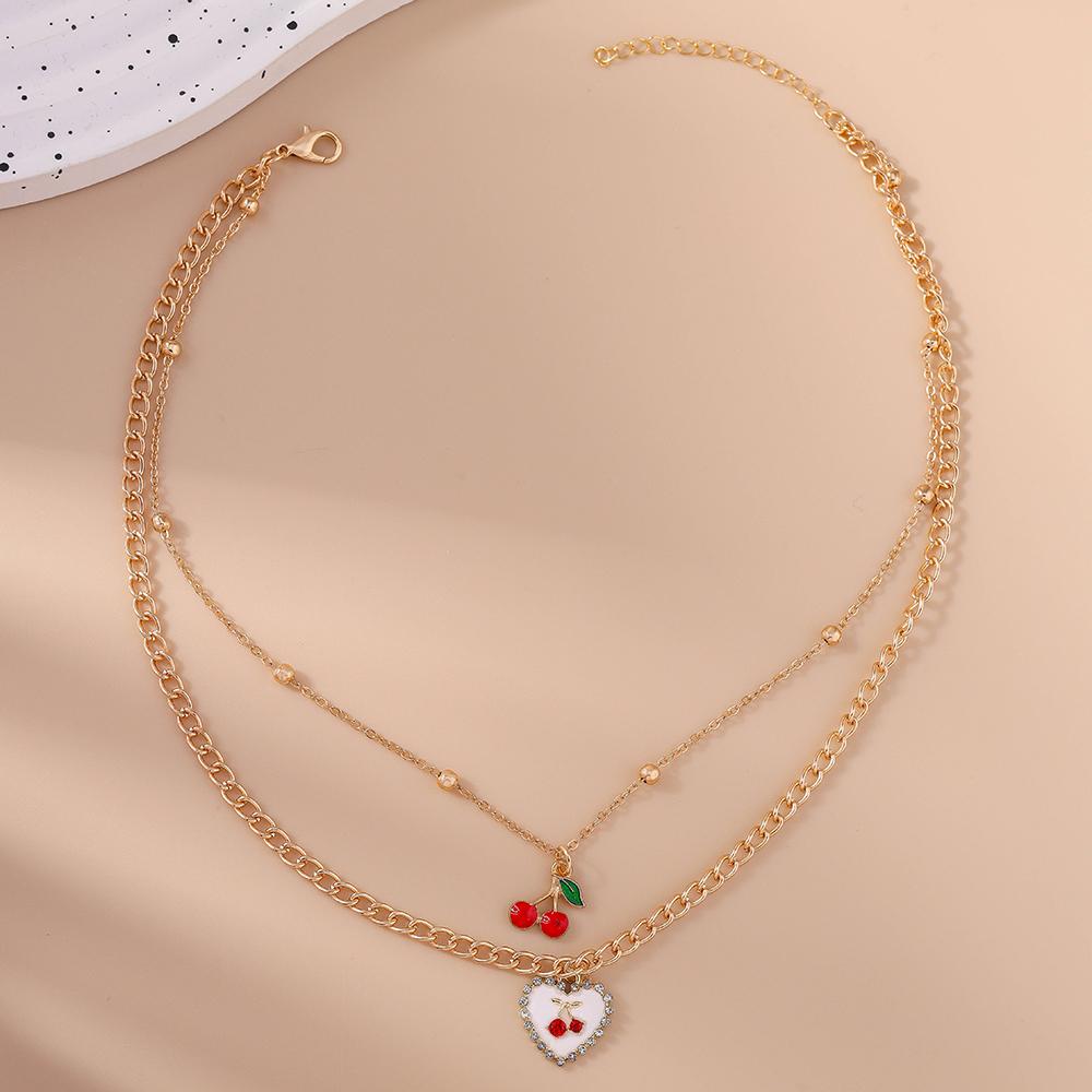Cute Multi Layer Lover Heart Necklaces for Women Girls Cherry Pendant Necklace Chain Party Holiday Jewelry Gift