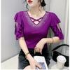 New Summer European Clothes Women's T-Shirt Fashion Sexy V-Neck Shiny Diamonds Tops Chic Hollow Out Short Sleeve All Match Tees