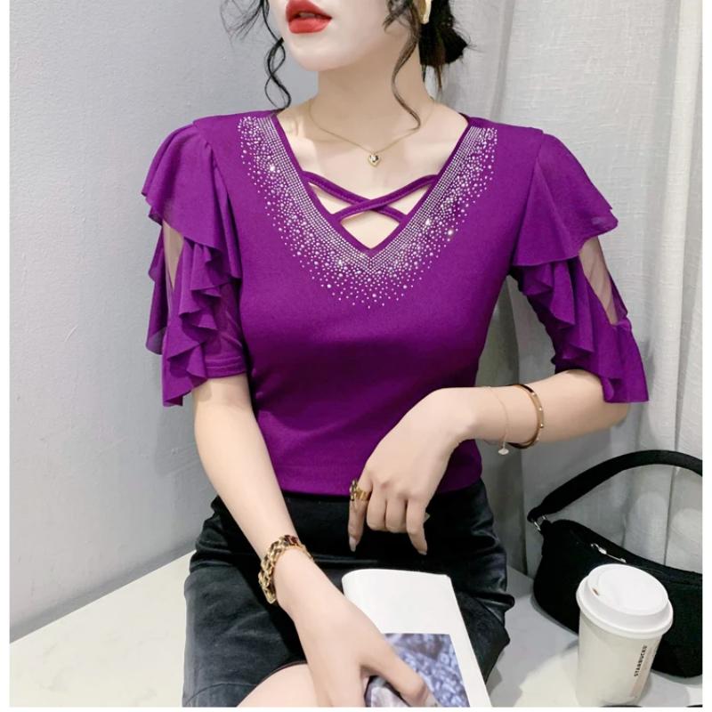 New Summer European Clothes Women's T-Shirt Fashion Sexy V-Neck Shiny Diamonds Tops Chic Hollow Out Short Sleeve All Match Tees