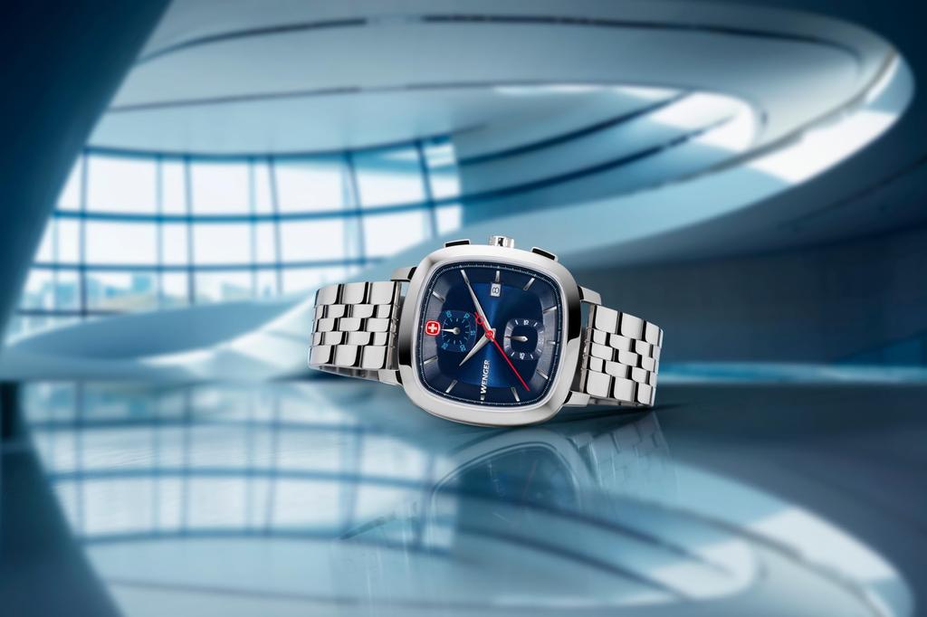 WENGER VINTAGE CLASSIC CHRONO Watch with Stainless Steel Case Blue Silver Stainless Steel Quartz 50m Water Gift Idea Men's (316L), Dial, Bracelet,