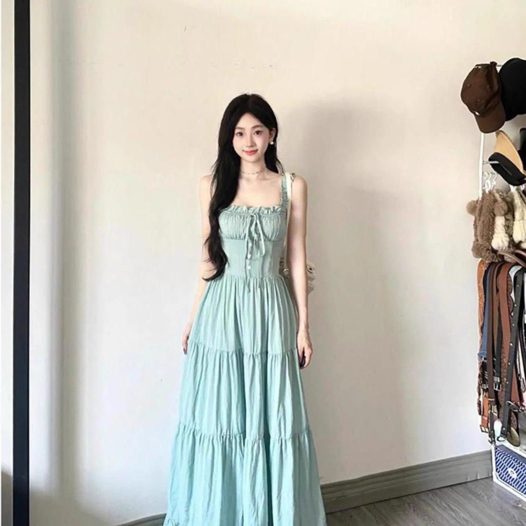 Women's Mint Green Strappy Dress: 2026 French Style, Waist-Cinching A-line Long Summer Skirt