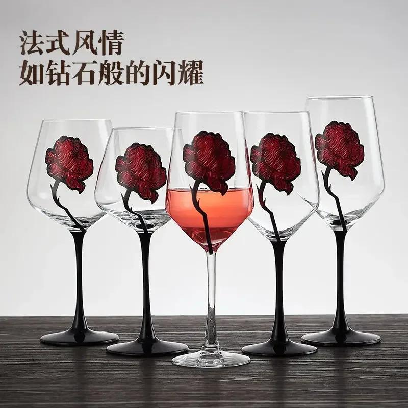 1pcs Hand Drawn Red Rose Patterned Cup Wedding Red Wine Champagne Glass Valentine's Day Wedding Rose Pattern Glass Wine Glass