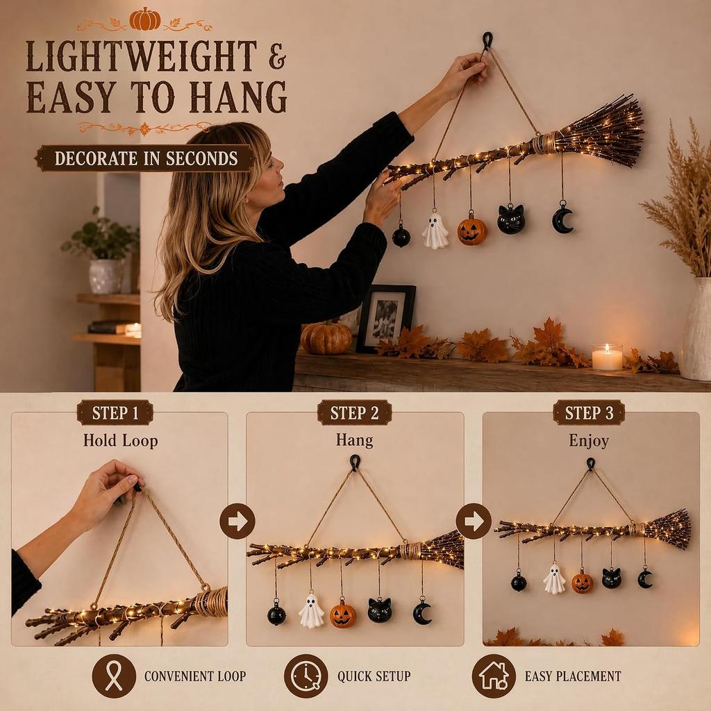 Beleuchteter Herbsthexenbesen Wandbehang mit LED-Laterne Kürbis Geist Glocke Rustikales Halloween-Ornament für Innen Außen Veranda Hof Party Dekoration