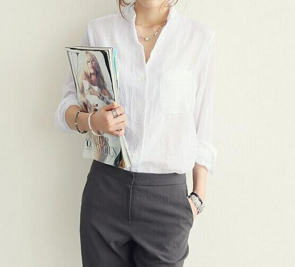 Women's Plus Size Loose Linen Long Sleeve White Shirt - 1688 Autumn Collection