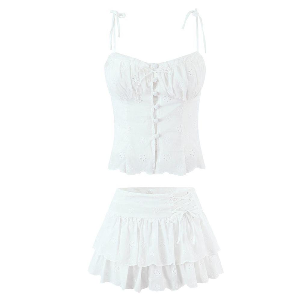 2026 French Style Women's Suit: Embroidered Bandeau Top + Low-Waist Lace-Up Skirt
