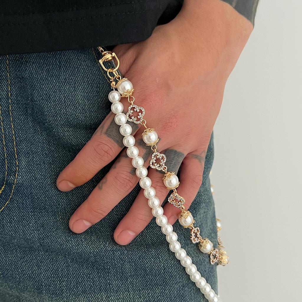 SHIXIN Tendenza Pantaloni Stratificati con Perle Finte Catena per Vita Uomo Donna Versatile Fiore di Strass Catena per Jeans Borsa Ciondolo Accessori
